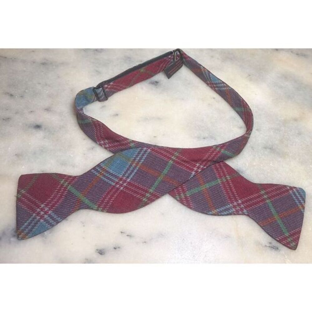 R Hanauer Wool Plaid Maroon Blue Self Tie Adjustable Bow Tie Handmade In USA